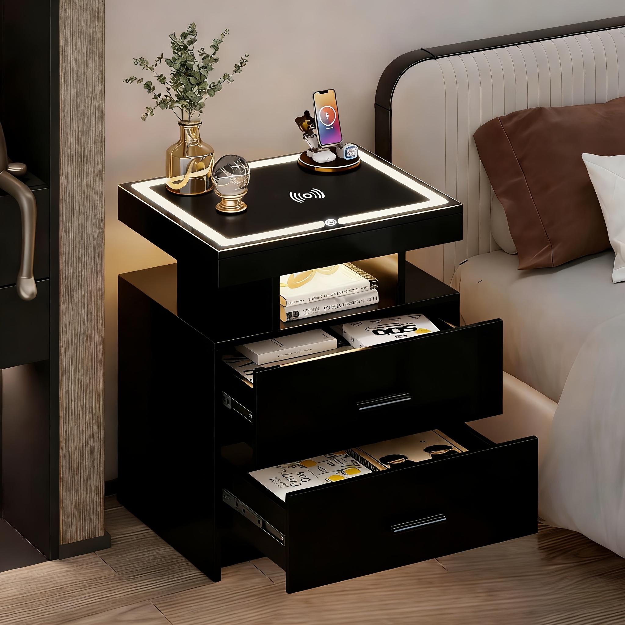 TEMU Wireless Charging Nightstand For Bedroom And Home Office, Modern Nightstand With 2 Drawers, Bedside Table And Sofa Side Table, Space-saving,