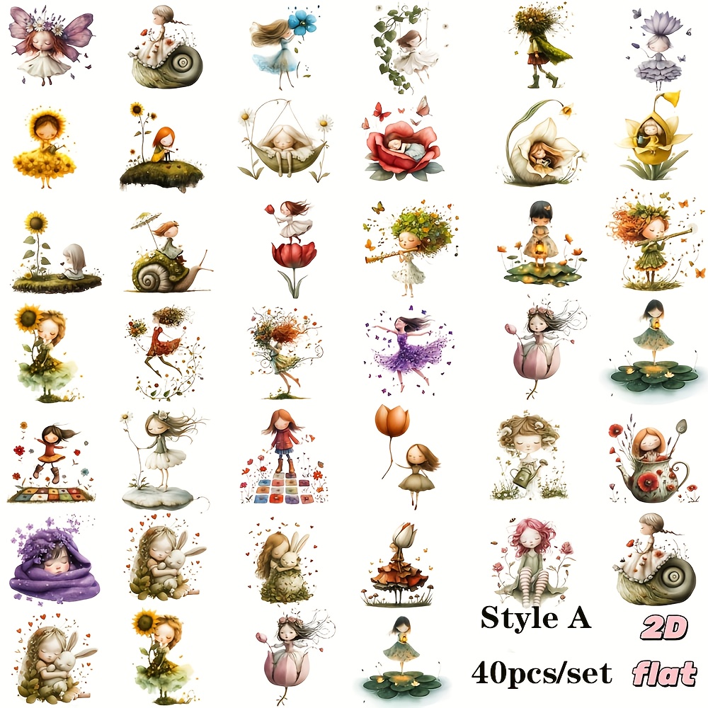 Image of 40pcs/set Retro Fantasy Fairy Tale World Flower Little Girl Series Handmade Sticker Decoration 2d Flat