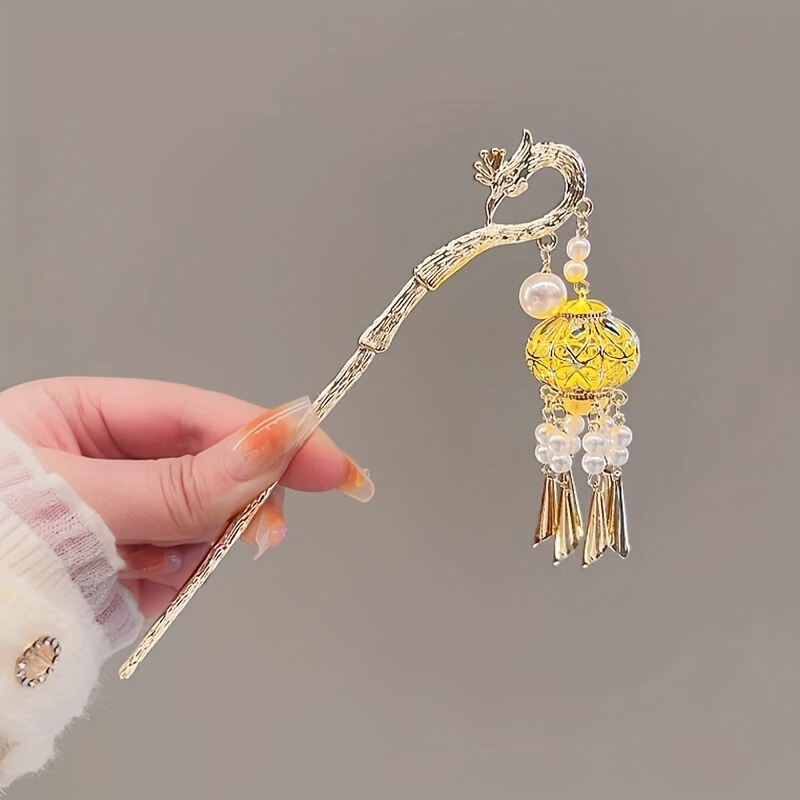 Golden Phoenix Pearl Fringed Lantern Hairpin, Retro Court Style