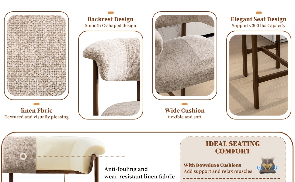 KERDOM 26'' Tall Bar Stools, Upholstered in Linen Fabric with Backrest And Footrest, Spacious Cushion Seat for Kitchen Islands, Dining High Chair for Restaurant Counters, Curved Back Support