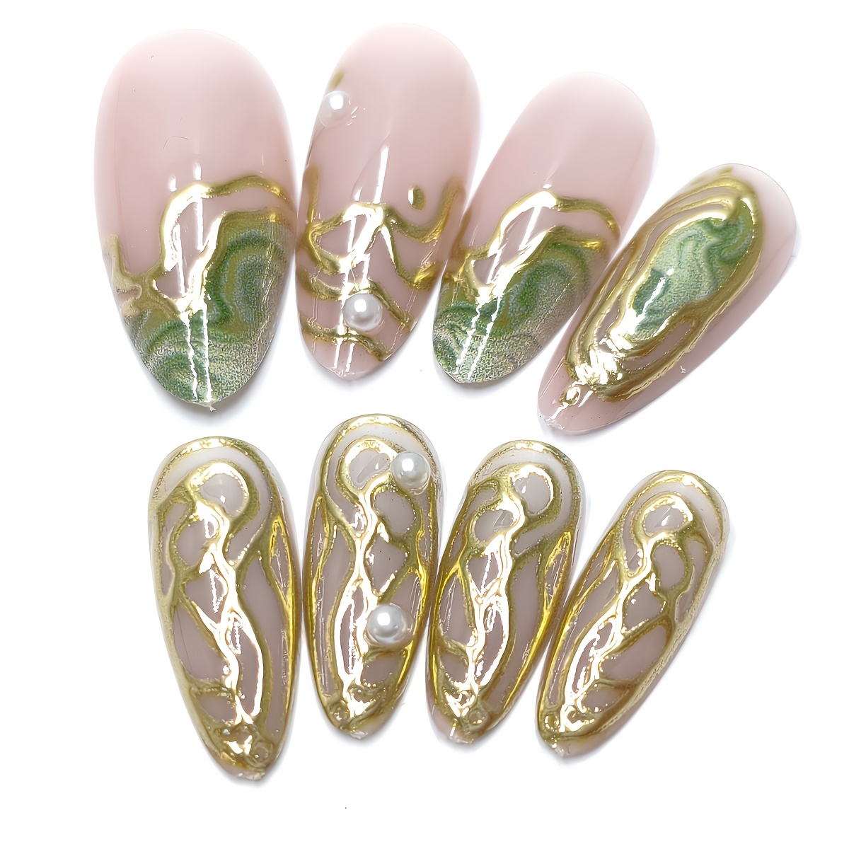 TEMU 24 stuks minimalistische groene edelsteen- en parelnagels in een dopamine-kleurenschema, met vergulde lijnen in een medium amandelvorm. Deze