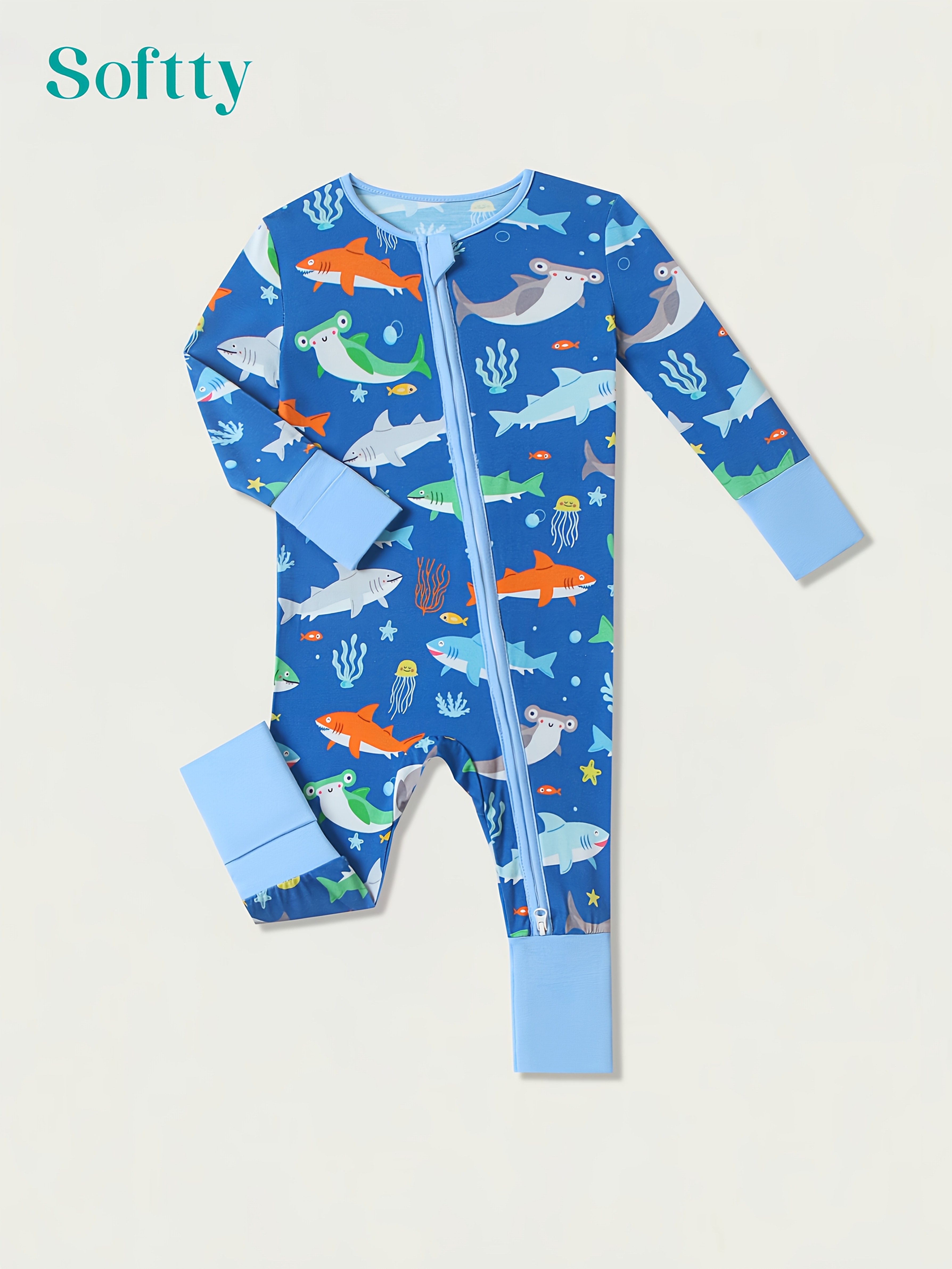 Soft Bamboo Fiber Long-Sleeve Onesie for Boys & Girls - Cute Shark Print, Dual Zipper, Hand & Foot Protection Design, High-Quality Print, Perfect for Outdoor