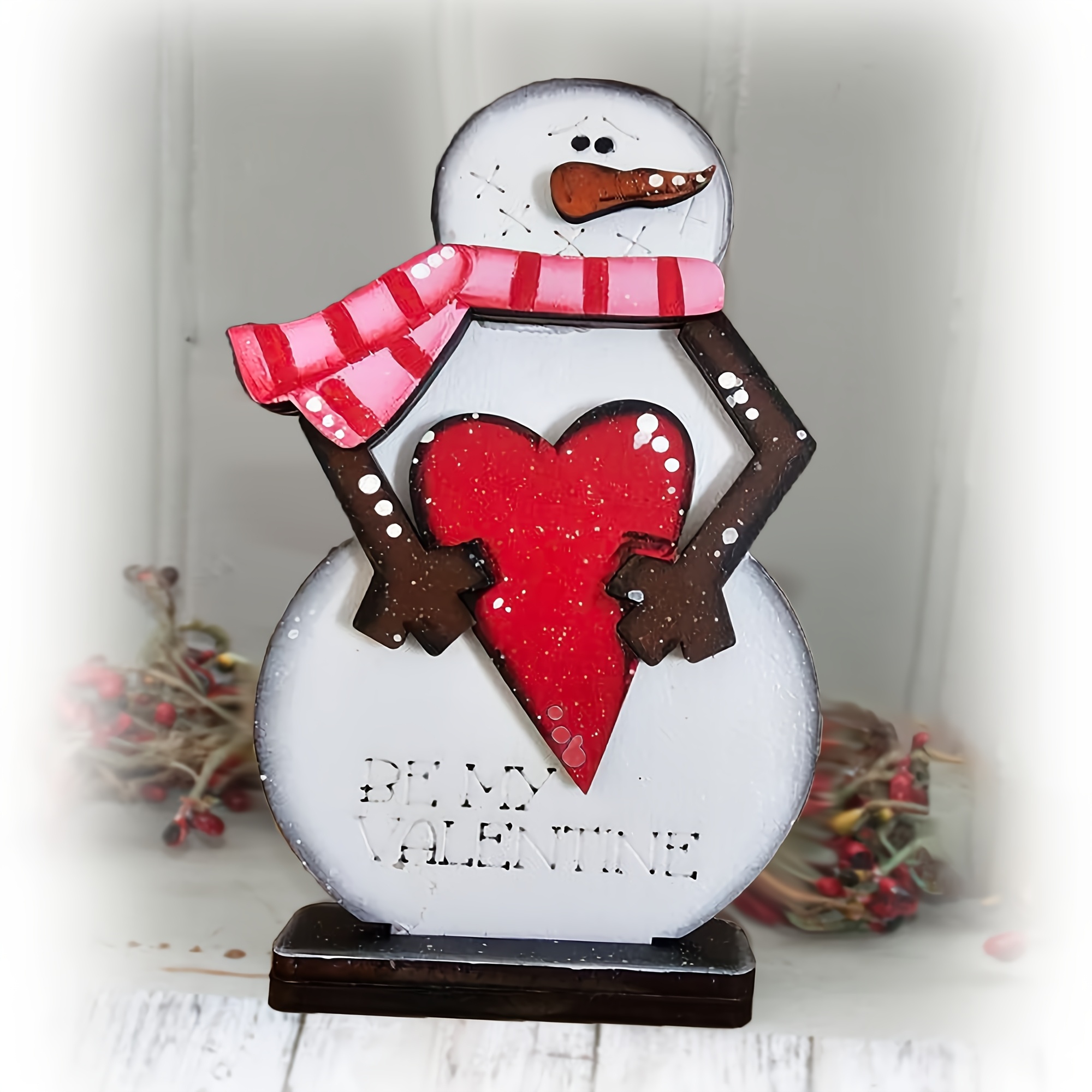 

Valentine's Day Snowman Shelf Sitter - Wooden Farmhouse Decor With Heart Accents, Tier Trays & Home Decoration, Gift, Snowman Decor