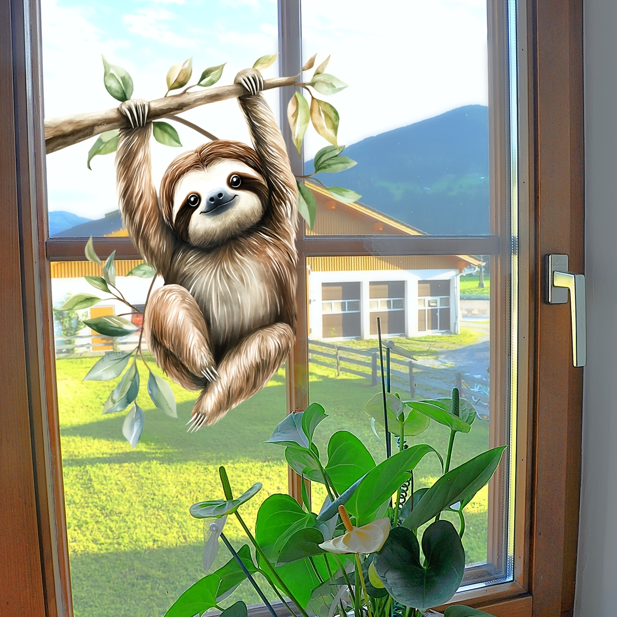 

1pc - Sloth Climbing Tree Window Sticker, 25*30cm, Dual-sided , Self-adhesive Pvc Decal For Living Room, Bedroom, Bathroom - Contemporary Style With Green Foliage Detail