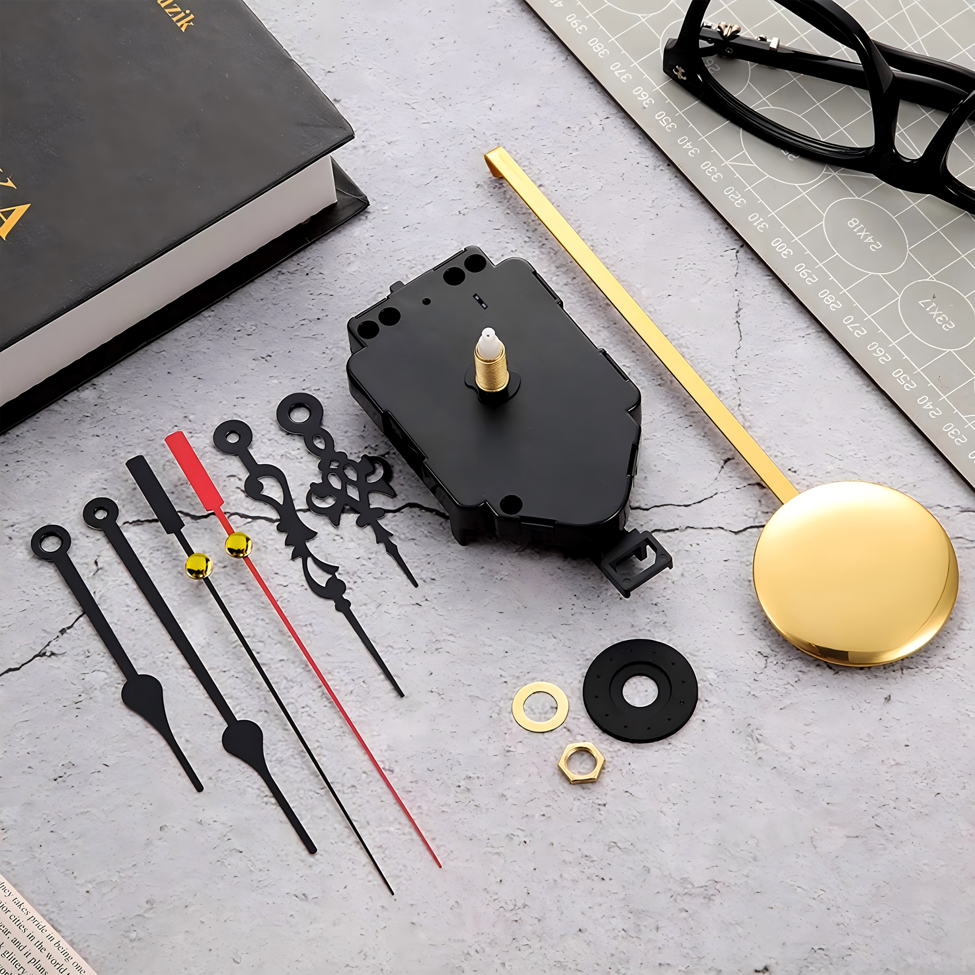 1 kvarcinio laikrodžio mechanizmo keitimo rinkinys, tylus, veleno ilgis 23 mm, su 2 rodyklų kompleta, skirtas sieninių laikrodžių, stalinėms laikrodžiams remontuoti, keisti ir gaminti, tinkamas sienų dekoravimo suvenyrams