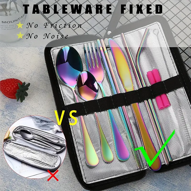 portable travel cutlery reusable cutlery with fixed cutlery box including chopsticks straws knives forks spoons straw brushes 9pcs stainless steel cutlery set black golden silvery Product details 5