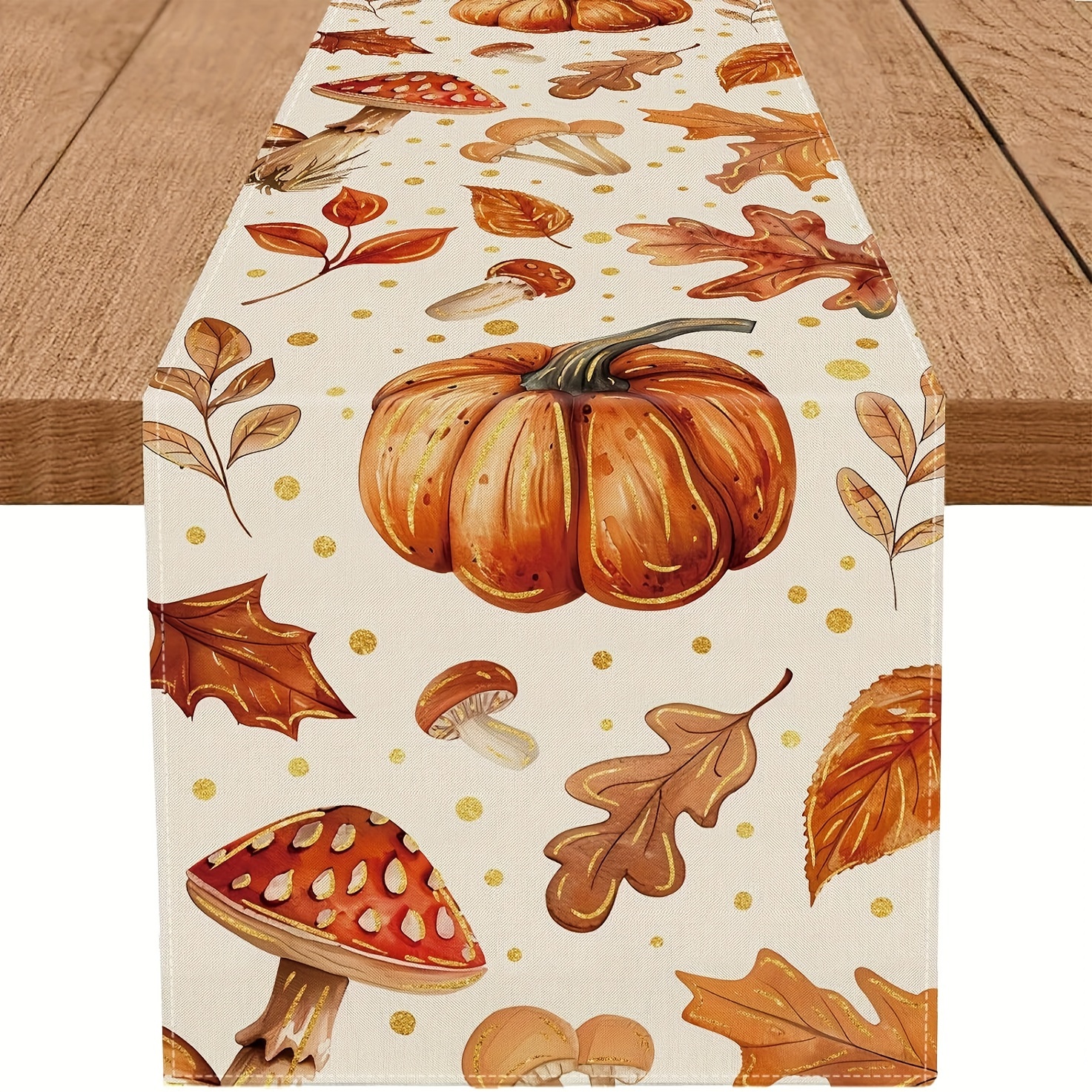 TEMU 1pc, Linen Autumn Table Runner With Pumpkin, Mushroom, Leaves, And Golden Dots For Fall Farmhouse Gatherings, Suitable For Kitchen And Dining