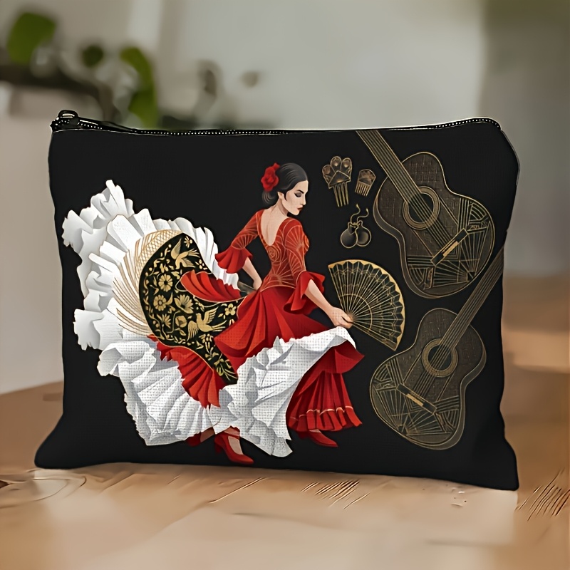 TEMU Neceser de Maquillaje 2D con Estampado de Cara, Neceser de Maquillaje con Diseño Retro de Flamenco y Guitarra de , Fácil de Limpiar/ y