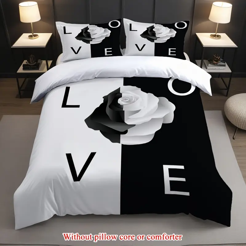 2 3pcs 1 duvet cover 1 2 pillowcase without and white background rose flowers romantic valentines day lover couple 3d print soft comfortable bedding set for bedroom dorm room family gift Product details 5