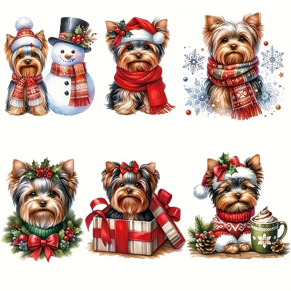 

Christmas Yorkie & Snowman Iron-on Transfers, Set Of 6, Diy Washable Vinyl Heat Press Patches For Apparel And Bags - Festive Holiday Design Decorations