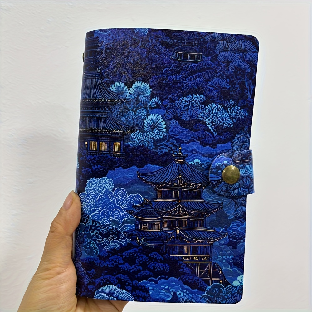 TEMU Cuaderno Retro Multifuncional de PU con Hermoso, Ideal para Estudiar, Escribir un Diario, Regalar con Estampados de Pagodas, Árboles, y Nocturna
