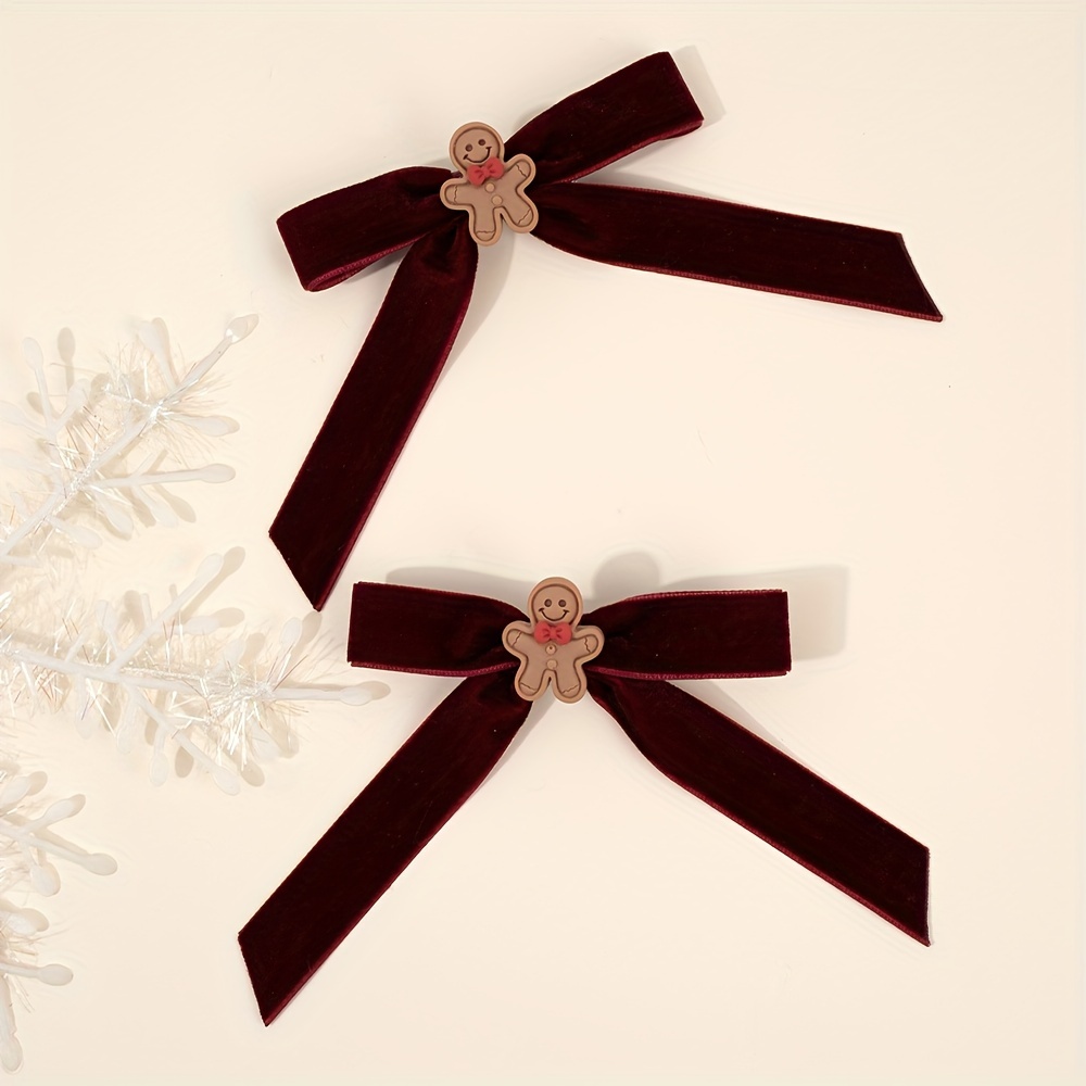 

Cute Gingerbread Man Christmas Hair Bow Clips, 2 Pcs Velvet Hairpins With Burgundy Bows For Teens - Polyester Fall/winter Hair Accessories For Over 15 Years Old