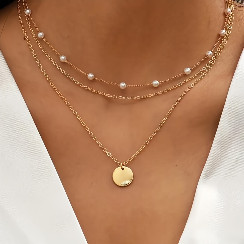 

Multilayer Faux Pearl Geometric Disc Necklace Set