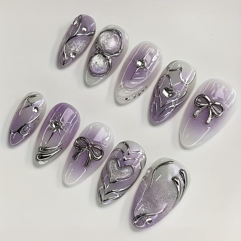 E-shop 24 Stück Medium Mandelform Aufdrücknägel Lila Farbverlauf Nägel 3D Dreidimensionale Dekoration Herz Strass Dekor Und Schleife Dekor Und