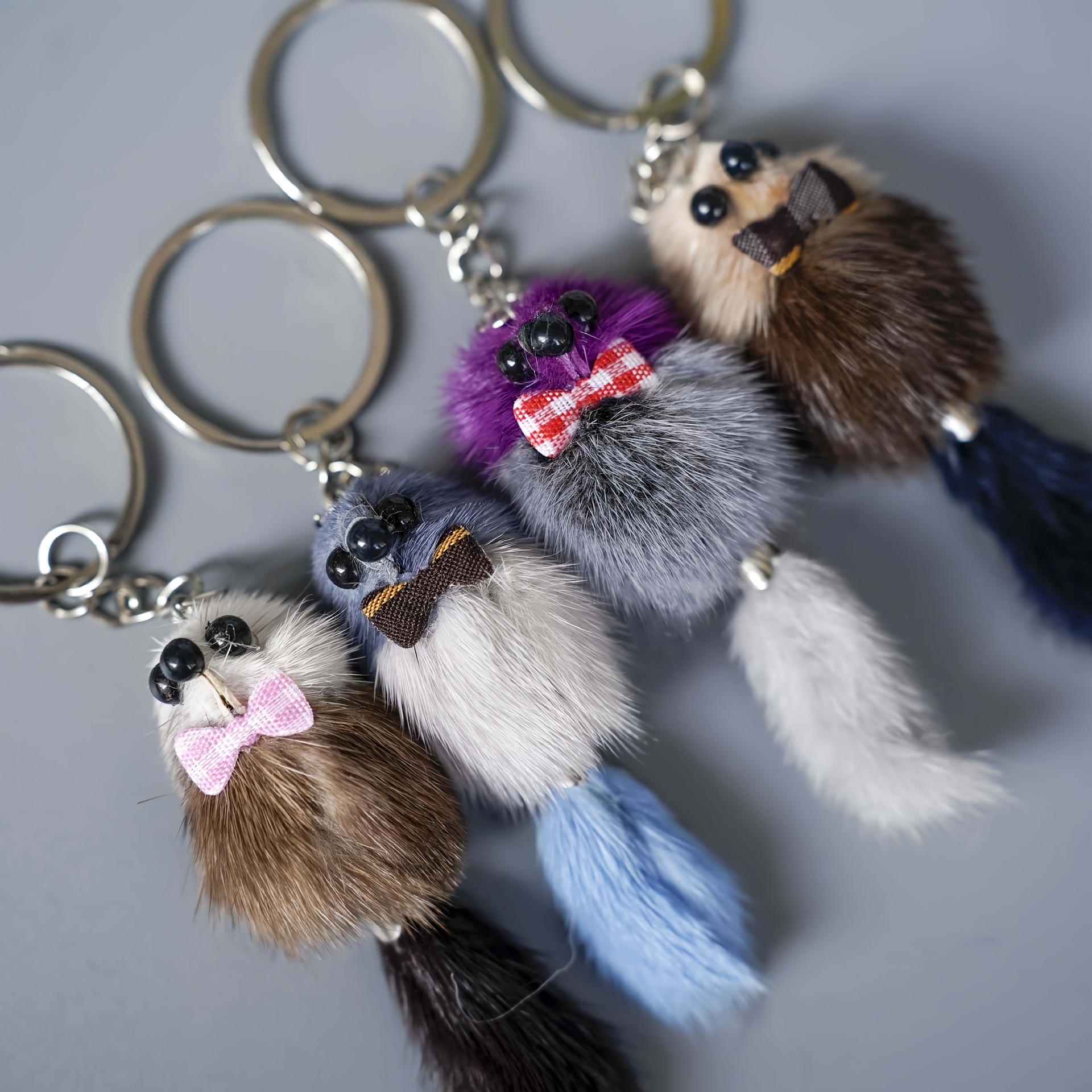 

Fox Keychain With Bow Tie - Soft Plush Mink Fur Doll Pendant, Cute Animal Charm For Keys Or Bags, Assorted Colors (gray, Purple, Blue-gray, Navy Blue)