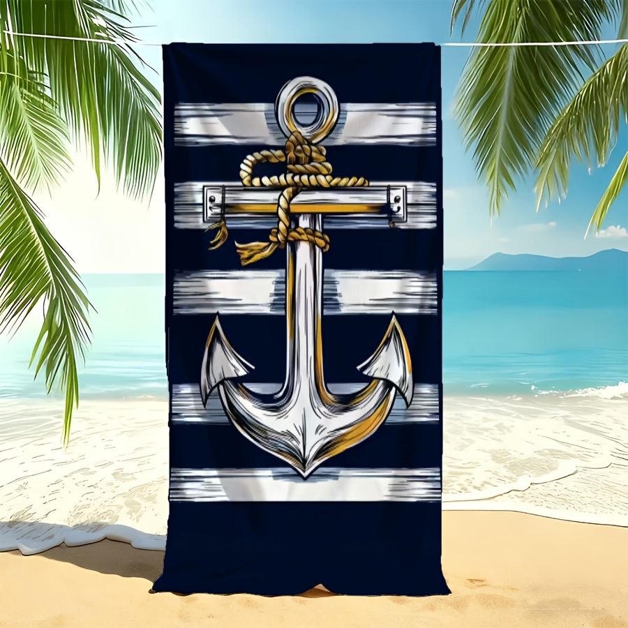 TEMU 1pc Beach Towel, Anchor Nautical Element Beach Towel, Super Absorbent And Quick-drying Swimming Towel, Large -proof Blanket, Towel For Bathroom,