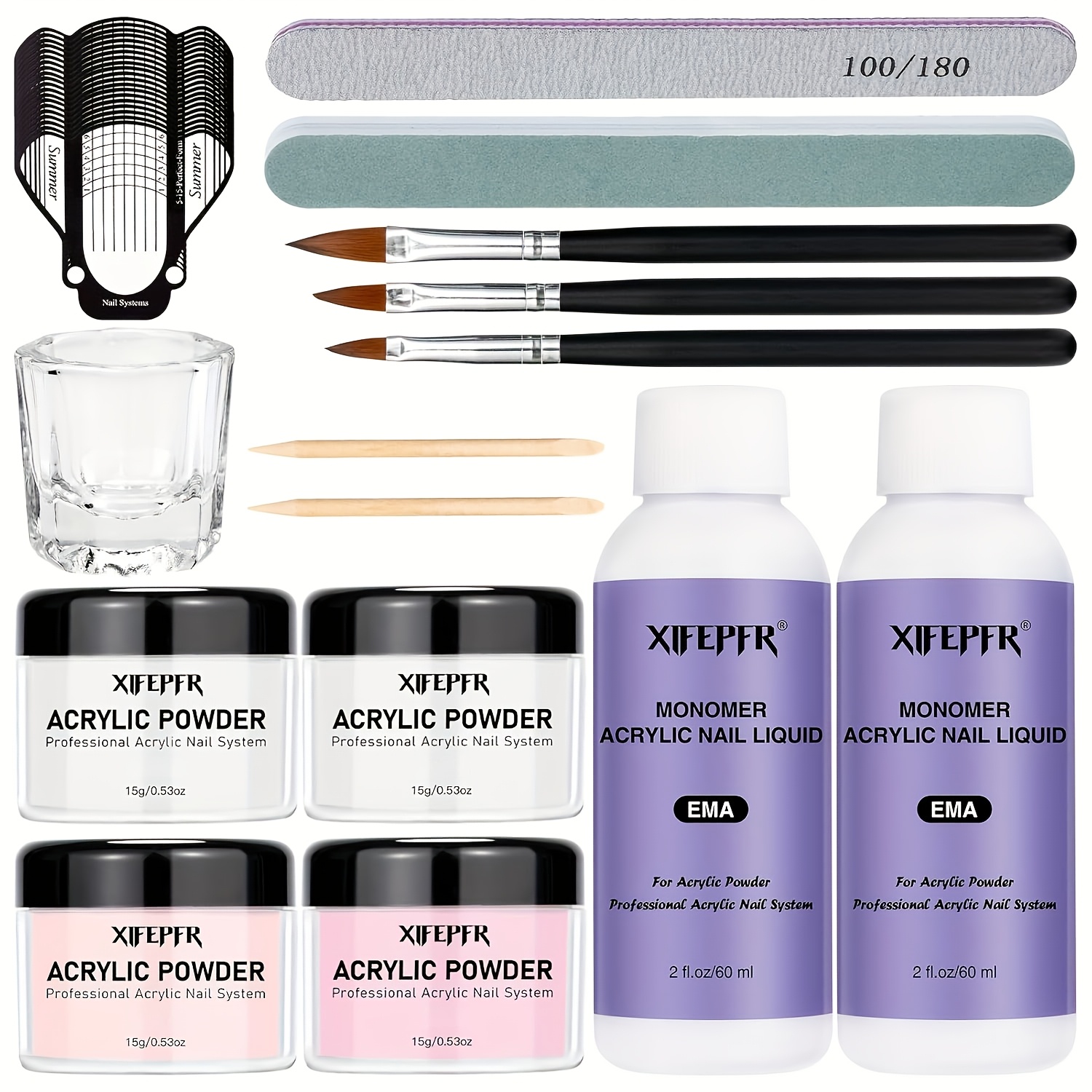 TEMU Xifepfr Acrylic Nail Kit - 60g/2.12oz Clear Pink White Nude Powder And 120ml/4fl.oz Acrylic Nail Liquid Monomer Set With Brush, Nail Extension,