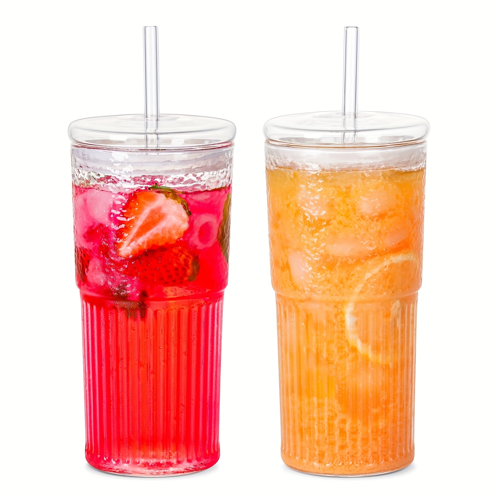 E-shop 20oz Hochborosilikatglasbecher mit Deckel & Strohhalm - Moderne, Langlebige Trinkflasche für Kaffee, Smoothies, Eiskaffee -, Wiederverwendbar,