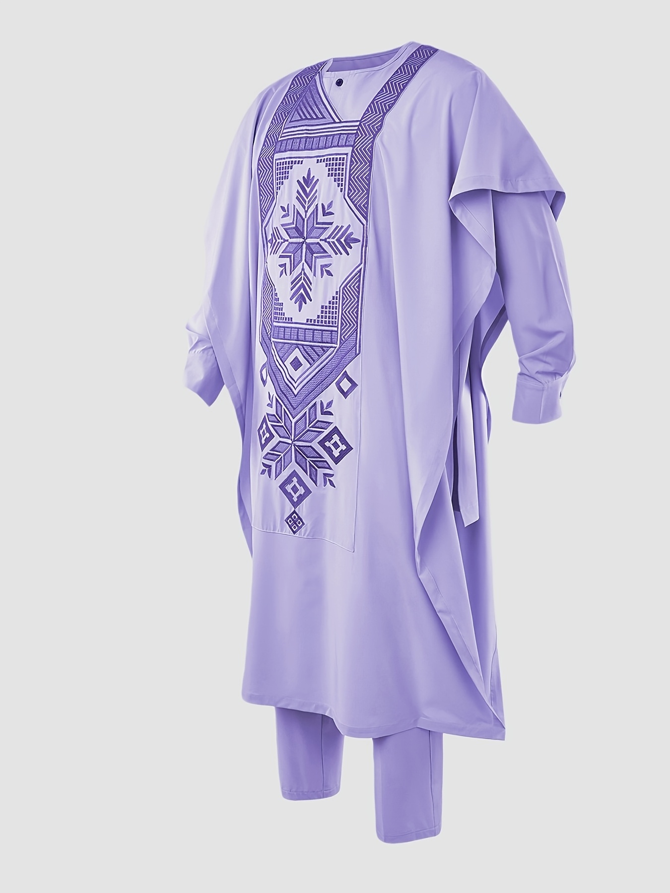 Men'S Three-Piece Agbada Set Featuring Embroidery, Pockets, And a Loose, Flowing Silhouette; Includes a Robe, Shirt, And Drawstring Elastic Waist Long Pants, Suitable for Everyday Events Like Cocktails, Weddings, Parties, Banquets, Birthdays