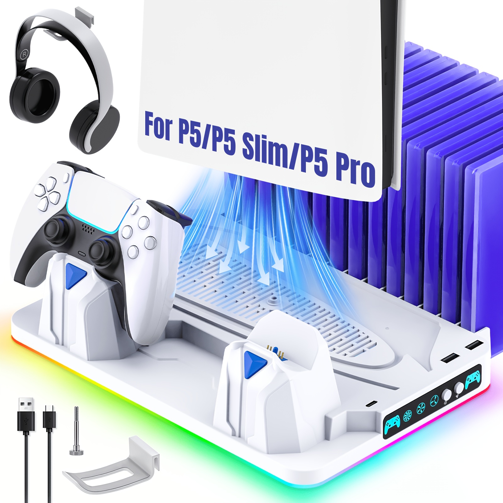 TEMU Soporte de enfriamiento universal multifuncional para PS5/PS5 Slim, con iluminación RGB, capacidad de transferencia de , soporte para