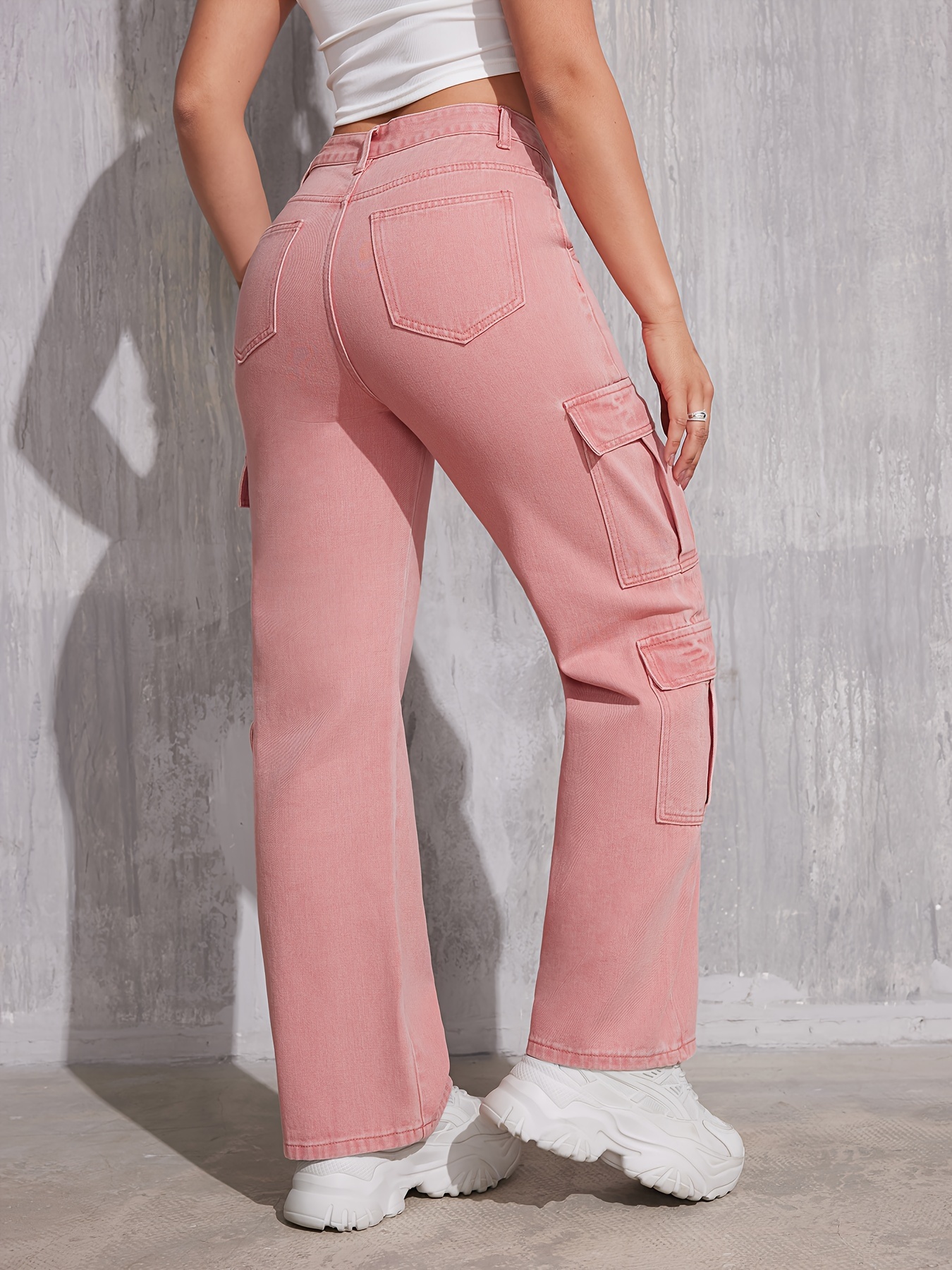 Plain Peach Color Side Flap Pocket Cargo Jeans Loose Fit - Temu