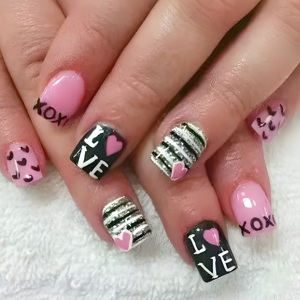 

24pcs Pink Short Square Press-on Nails Set , Letters And Striped Heart Designs, Full Cover Removable Fake Nails With Transparent Jelly Glue And Filing Stick, Valentine's Day