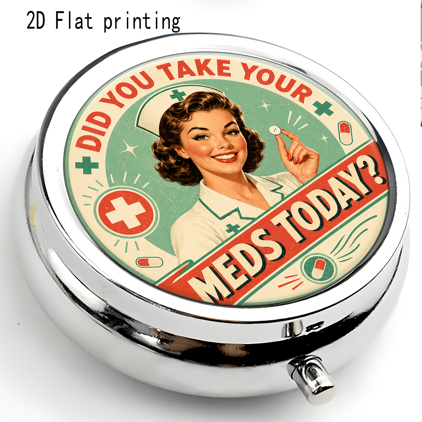 TEMU 1 stuks Ronde Pillendoos/Vintage Verpleegkundige Thema , UV Printing, Amerikaanse Nostalgische Stijl | 2D Platte Printing | Hoge Esthetische