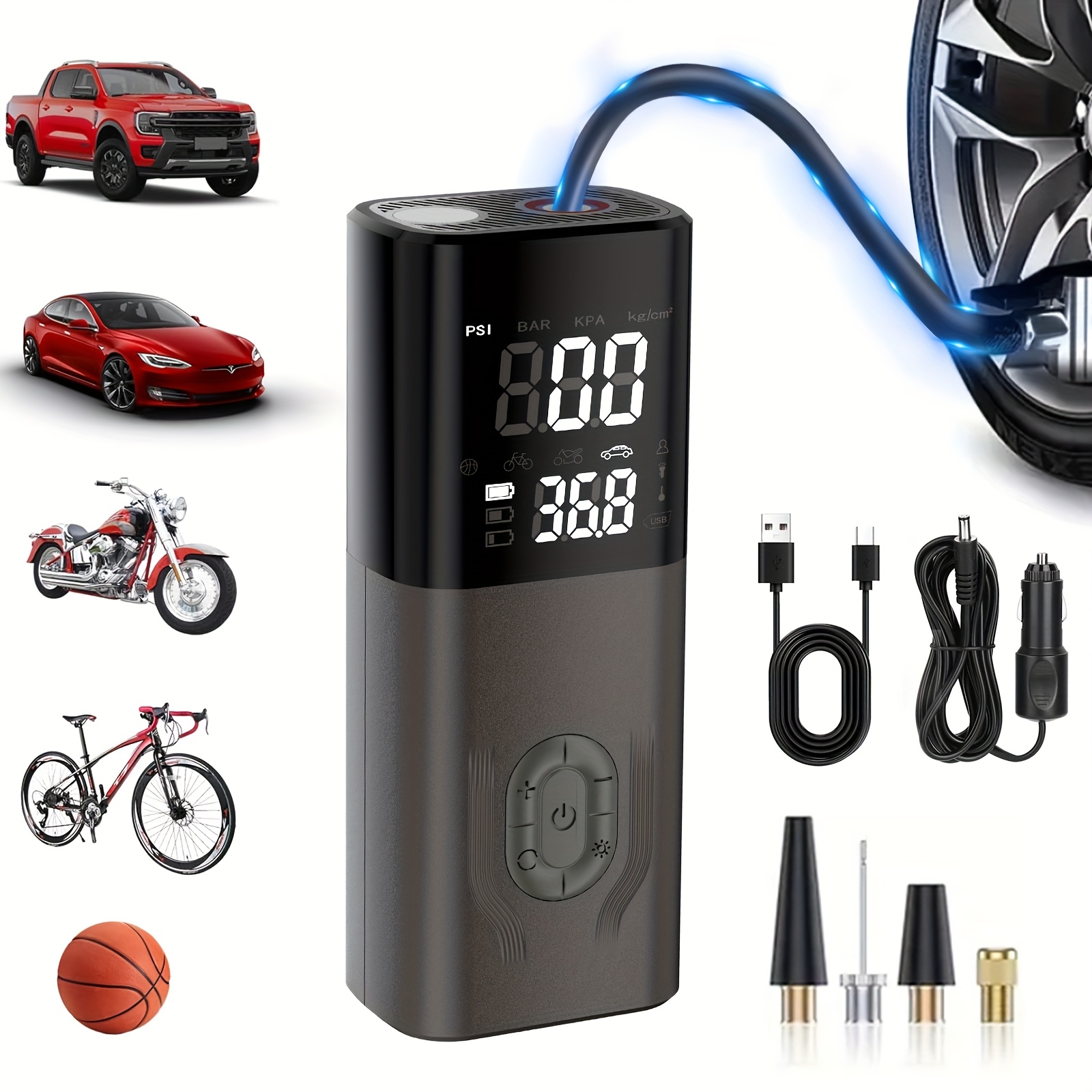 TEMU Tire Air Pump Cordless Air Pump Portable Car Car Air Pump Electric Tire Pump With Digital Pressure Gauge With Led Light Pump Suitable For Automobile Motorcycle Bicycle Ball, Auto Parts