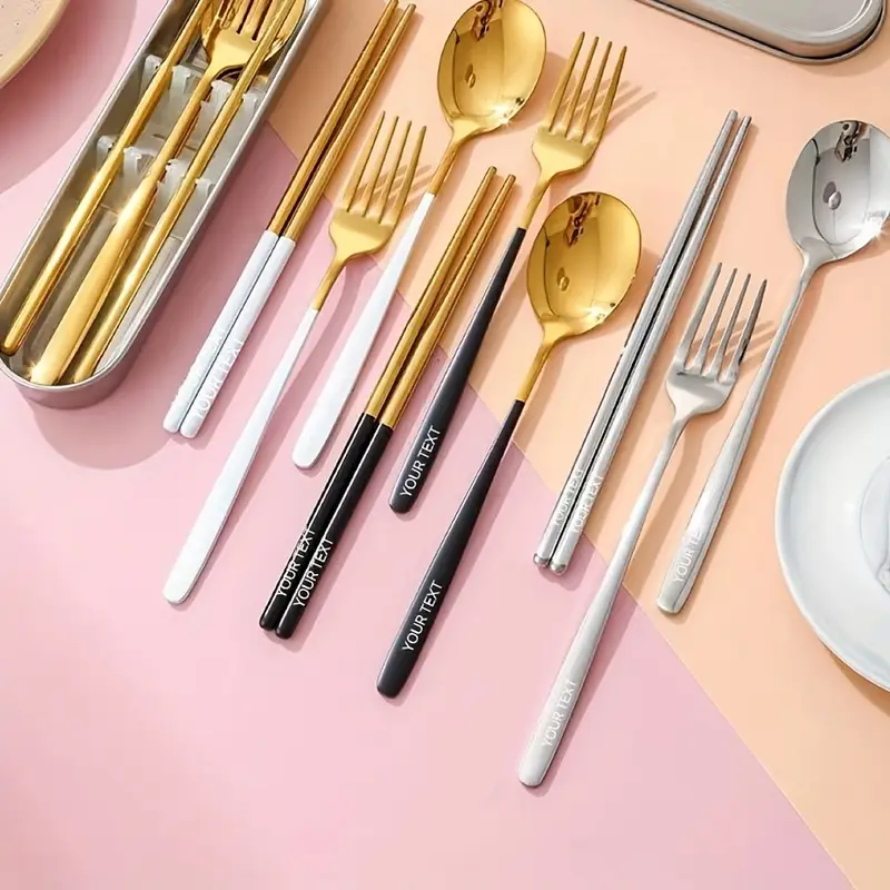 3pcs customized 304 stainless steel portable tableware 304 stainless steel box piece portable tableware set travel student canteen outdoor work specific tableware reusable Product details 1