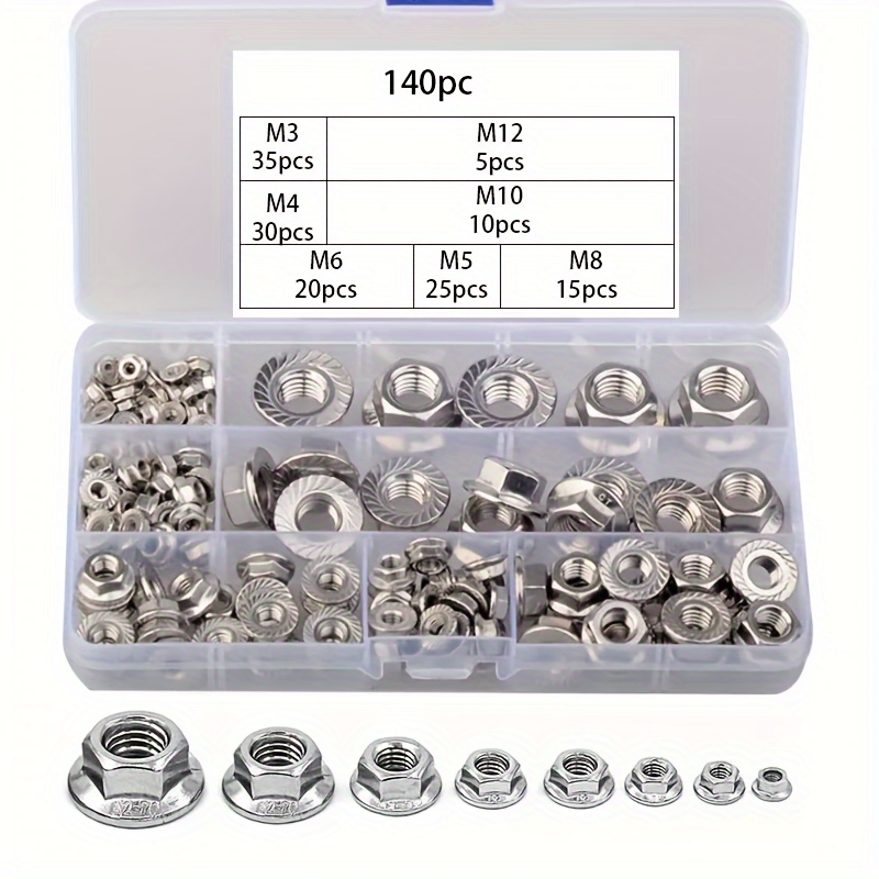 

140pcs Hex Flange Nuts Set - Anti-slip, Coverage, M3-m12 Sizes, Iron Construction