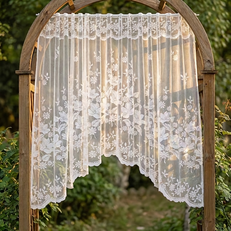 TEMU 1pc Vintage White Sheer Curtain With Floral Patterns. The Hem Is In A Wavy Shape And Are Holes For Hanging On A Rod. Suitable For Use As