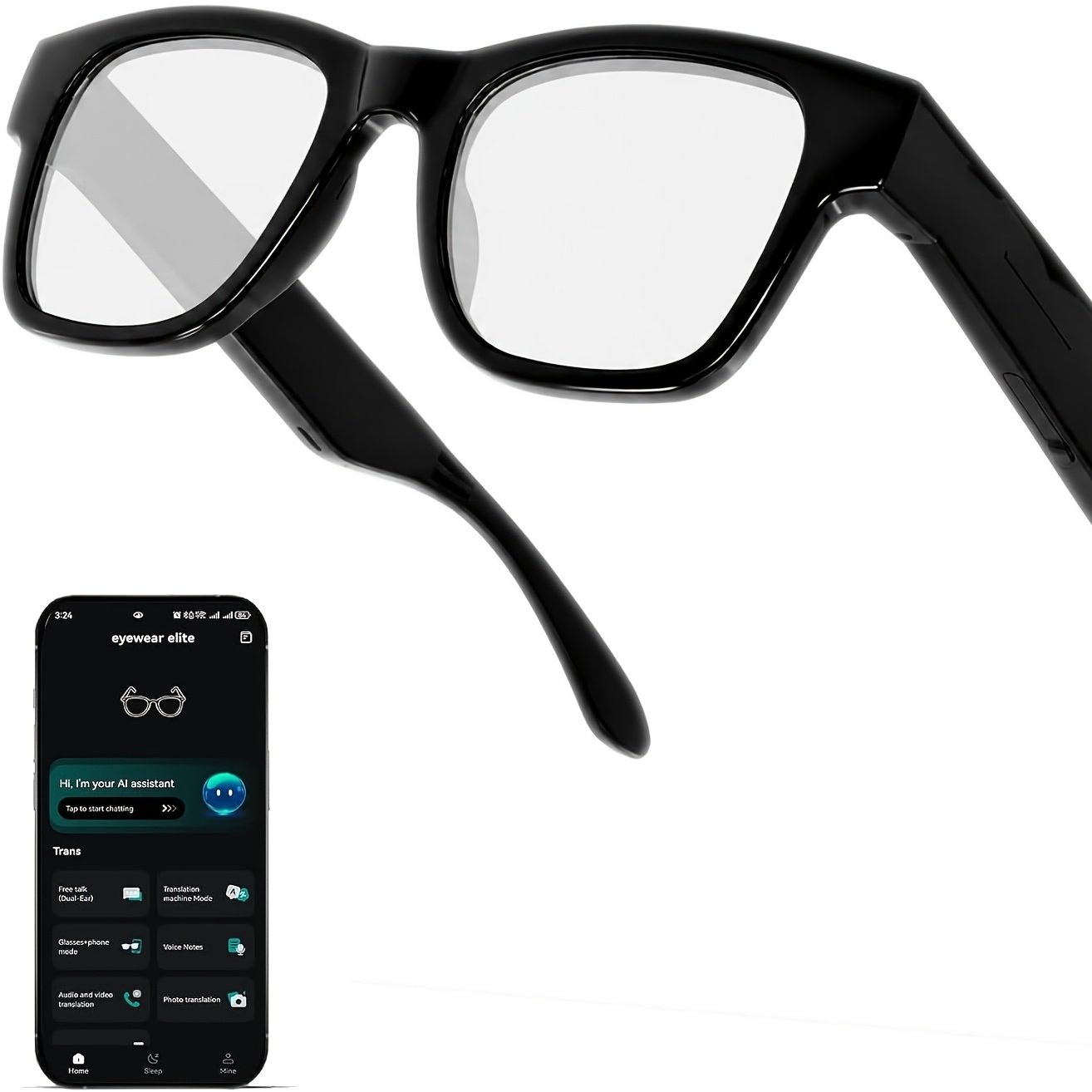 Ai Smart Glasses, Unisex, - Supports 164 Language Translation, Wireless 5. And Call Functions, And Meeting Assistant