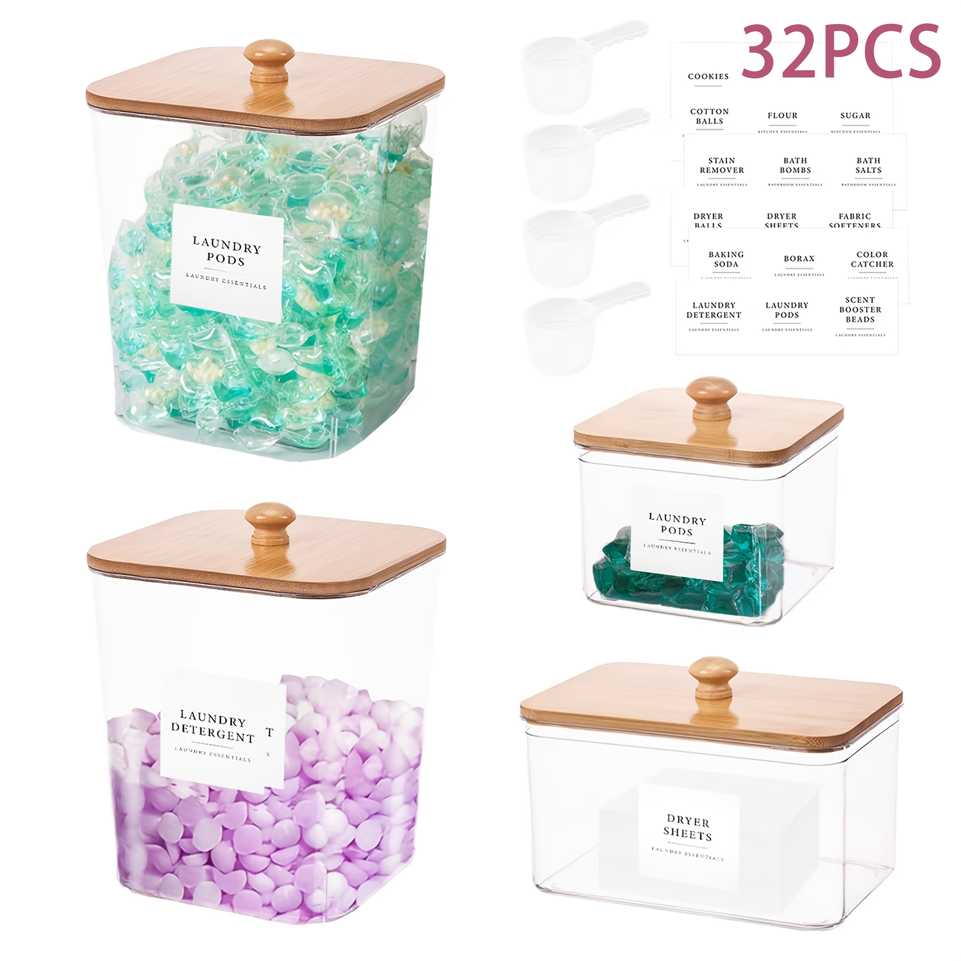 4 Pack Clear Laundry Room Organization Set, Storage Containers With Bamboo Lids & Labels, Plastic Jars For Laundry Pods, Detergent Powder, Scent Boosters & Dryer Sheets, Durable & Decor.