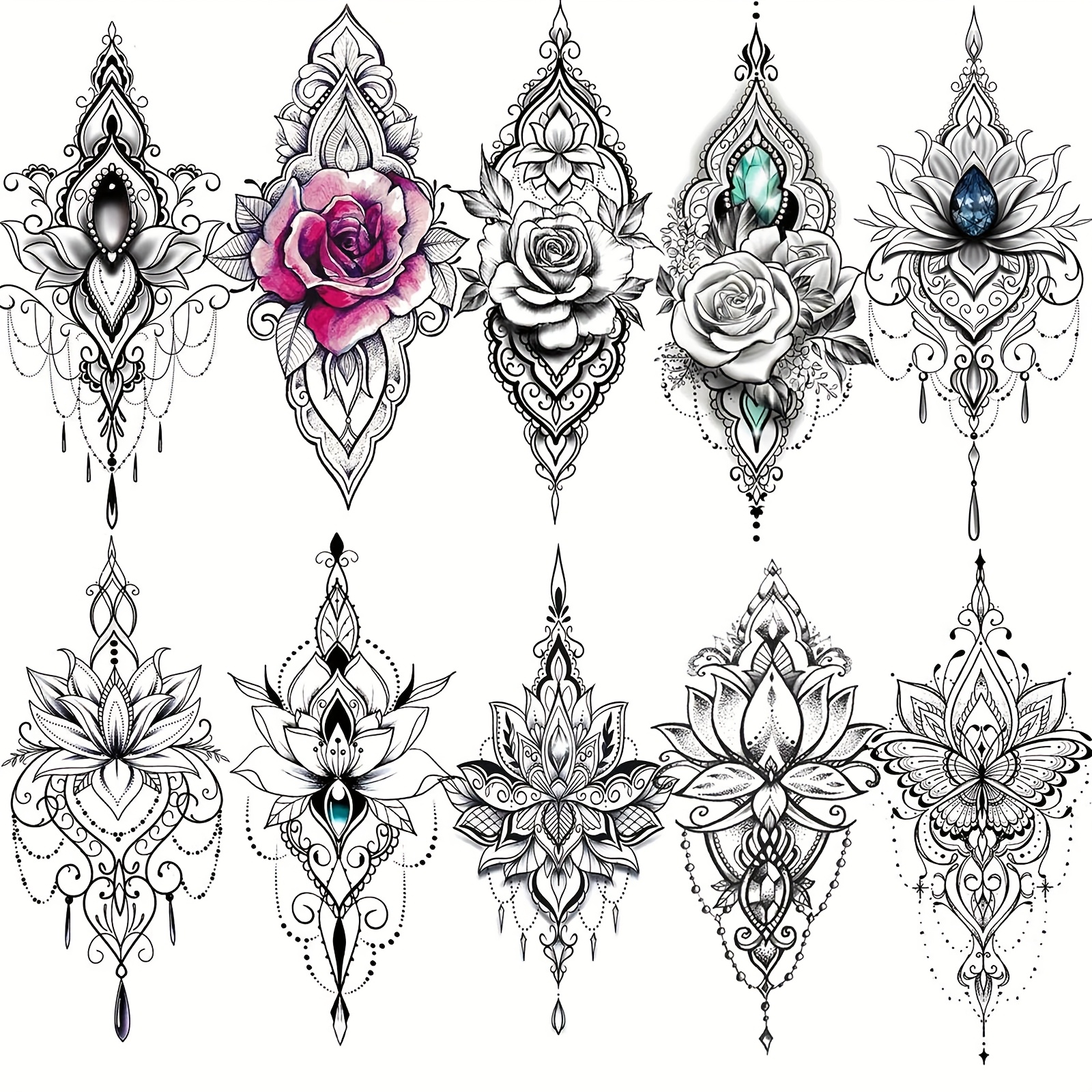 Image of 10 Black Lotus Temporary Tattoos For Men And Women, Suitable For , Face, Back, And Thighs. Realistic Waterproof Fake Tattoo Stickers, Durable Temporary Half-sleeve Tattoos For Adults