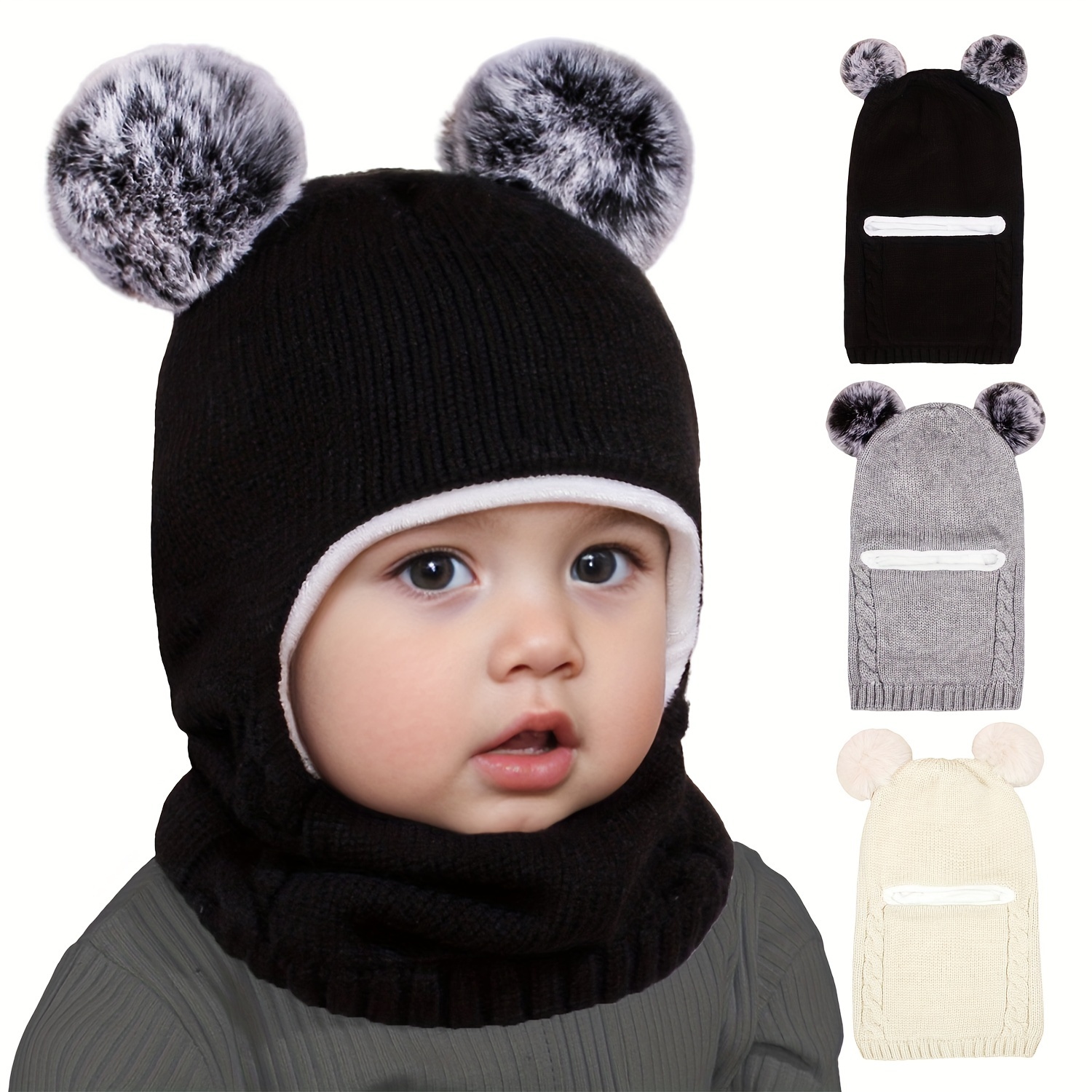 

Cozy ' Plush Pom-pom Knit Hat For Fall/winter - Breathable, Machine Washable, Black - , 3-6