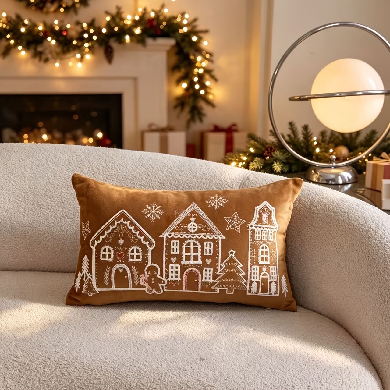 TEMU Autumn/winter Christmas-themed 3d Embroidered Snowflake, House, Gingerbread For Man, And Other Elements Pillowcase, Flannel, 1pc, Home Decor,