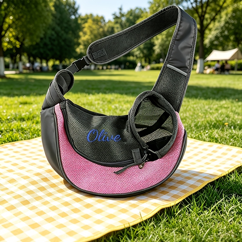 Custom Embroidered Pet Outing Shoulder Bag, Mesh Breathable Adjustable Shoulder Strap Cat and Dog Portable Carrier, Available in 5 Colors and 2 Sizes, Outdoor Pet Walking Bag, Cat and Dog Personal Carry Storage Bag, a Practical and Thoughtful Gift