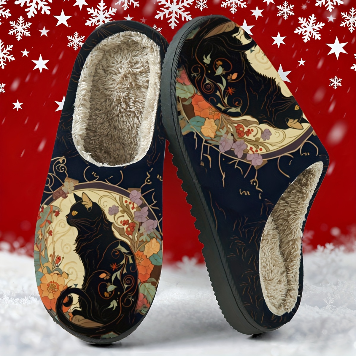 TEMU Retro Floral Scenery Cute Black Cat Cozy Slippers, In , Black Cats With Exquisite, Full Of Retro Pet Atmosphere, Soft And Warm , Soft And