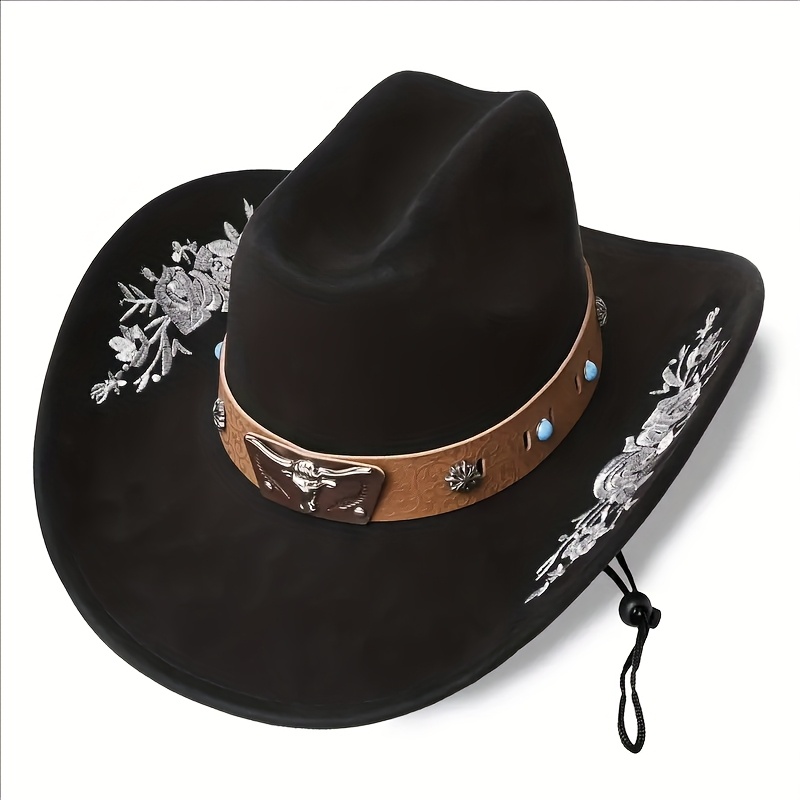 TEMU 1pc Western Cowboy Hat Compatible For - Bohemian Style Embroidered Floral Metal Band & Rolled Brim, Lightweight Black Faux Suede Hat With