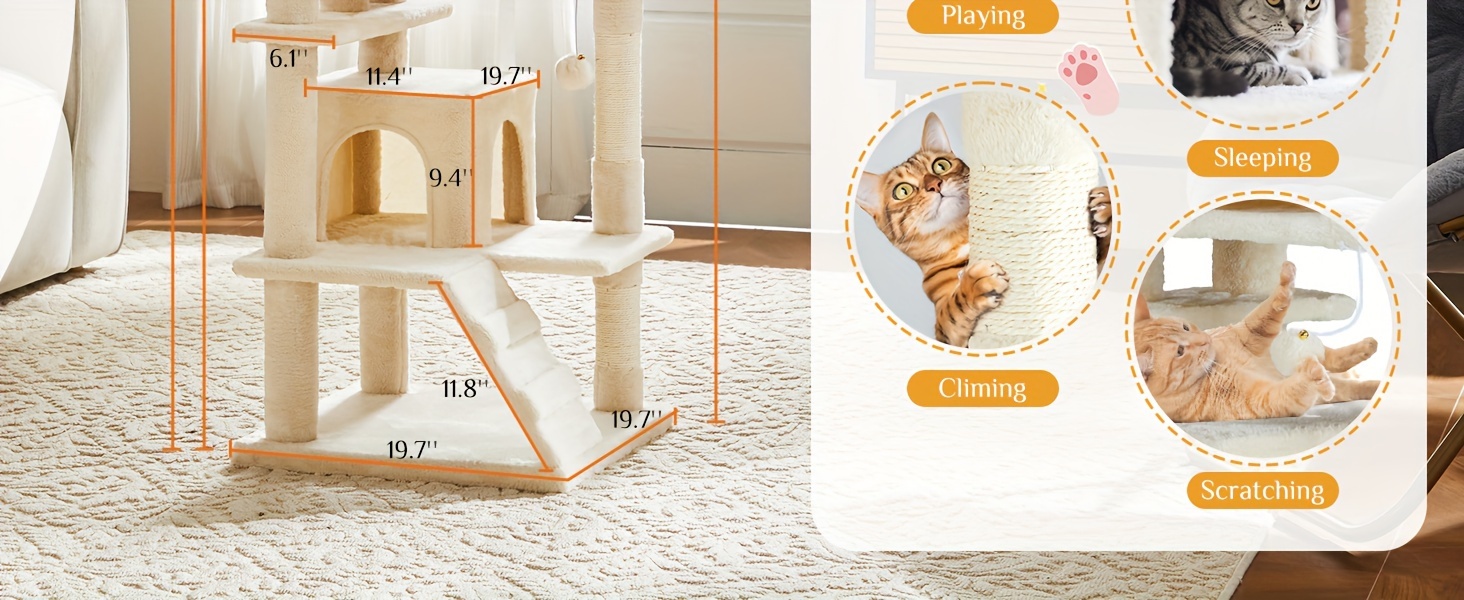 54In Multi-Level Cat Tree Tower with Sisal Cat Scratching Posts, Anti-Tilt Device, 2 Large Condo Beds, Perches, Luxurious Plush Pet House for Indoor Cats & Kittens, Nice Cat Entertainment Toy to Play, Relax with Anti-Tilt Device details 2