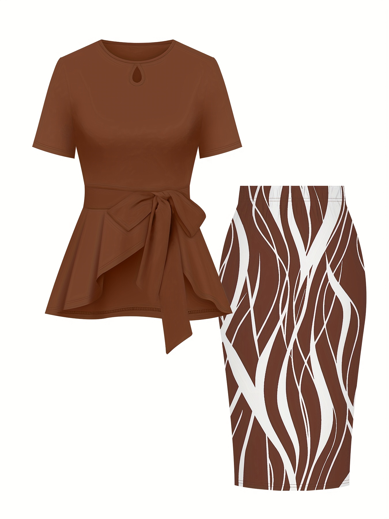 Women's elegant suit solid color round neck short sleeve tie bow top and striped print skirt two-piece set