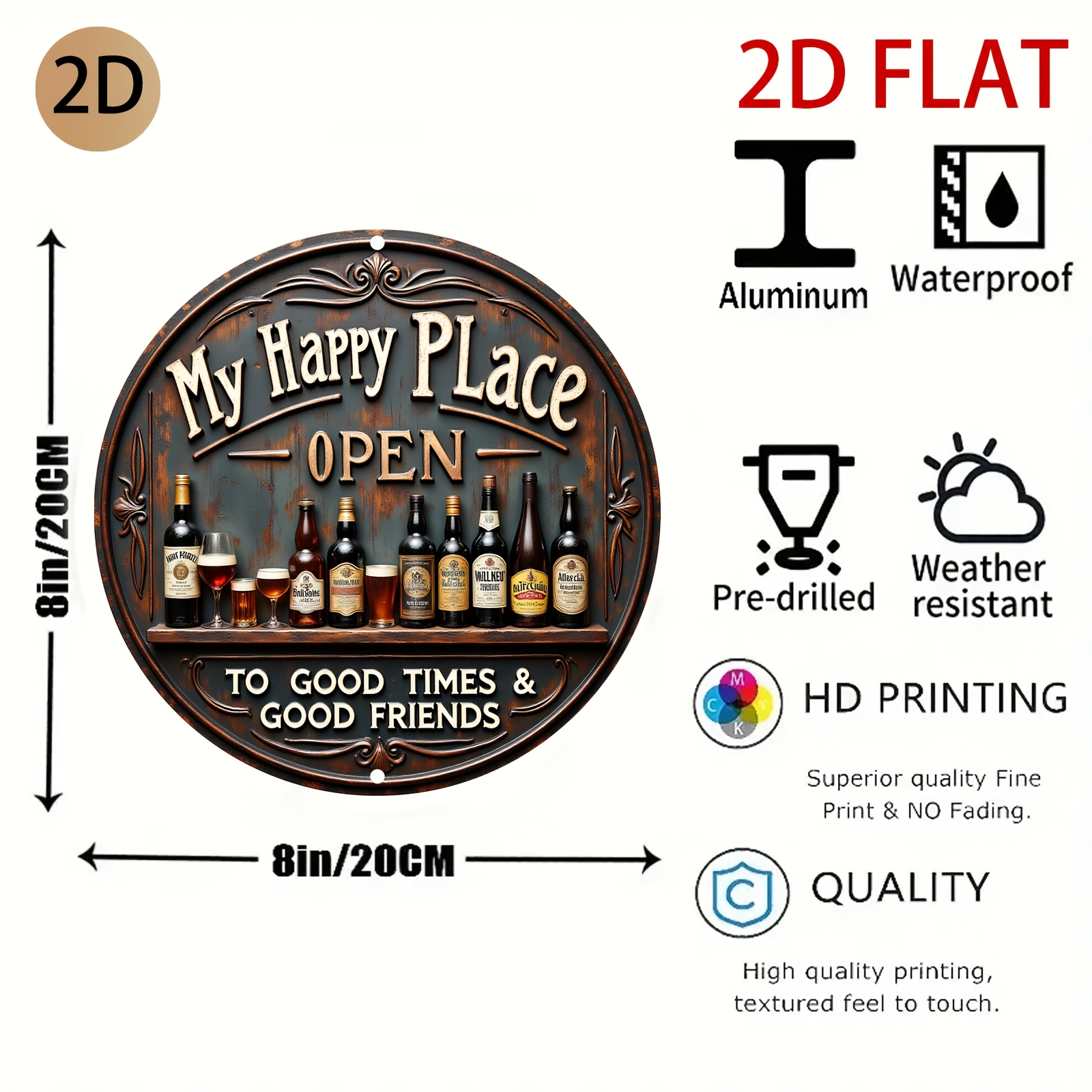 TEMU 2d Flat - A Retro-style Circular Aluminum Sign Designed For A Pub, Featuring A Beer Theme, Perfect For Decorating A For Home Bar, Man Cave, Or