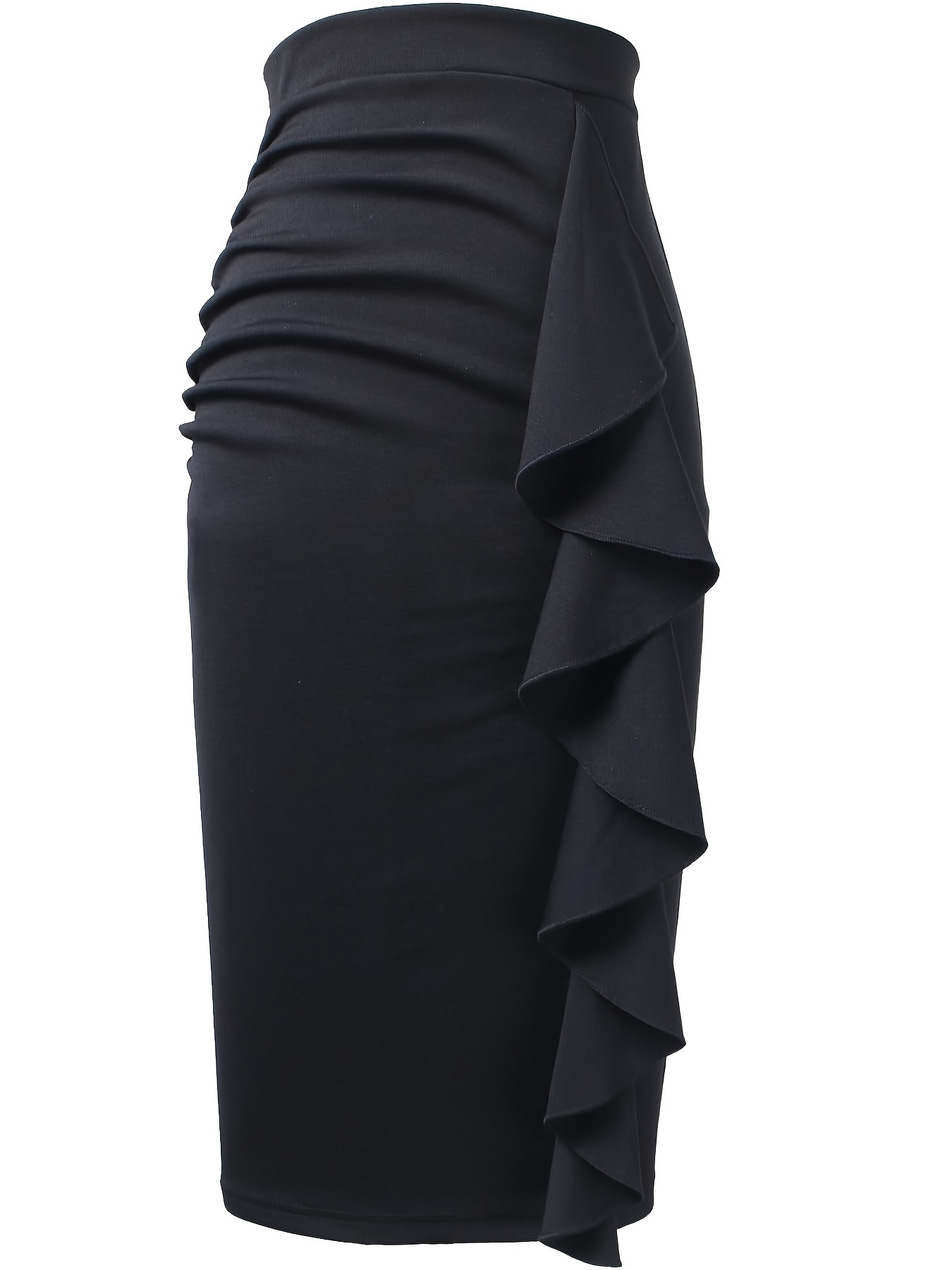 A Lady'S Knee-Length Skirt with a High Waist Design, Featuring Layered Pleats And a Front Slit, Tailored to Accentuate Curves, Suitable for Business Commuting And Formal Social Events