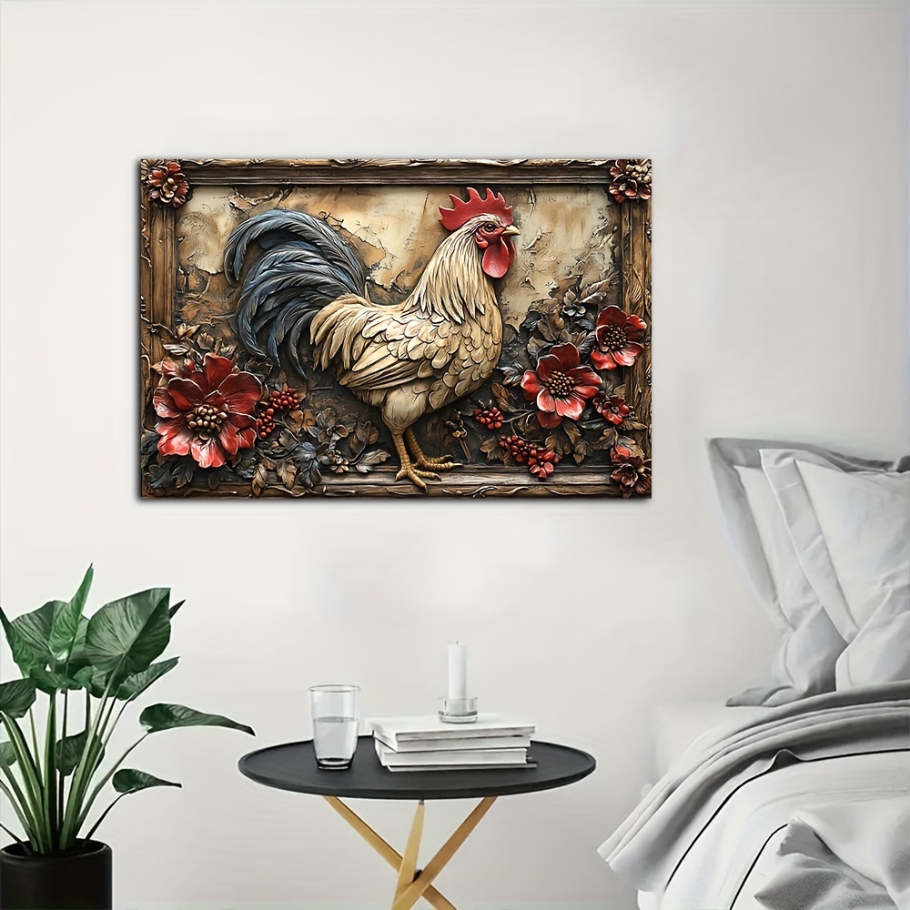 

Retro Chicken & Flower Wooden Framed 3d Effcet Canvas Painting Wall Art Prints For Home Decoration, Living Room & Bedroom, Festival Party Decor, Gifts, Ready To Hang