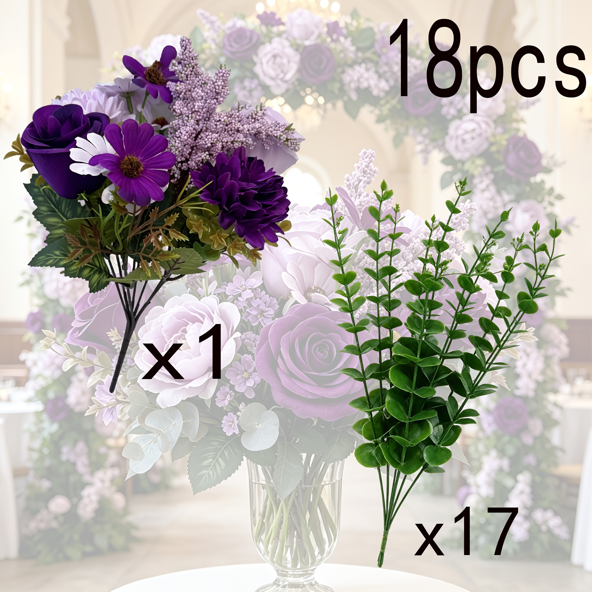 TEMU 18-stem Artificial Flower Bouquet, Purple Faux Roses, Daisies, And Chrysanthemums With Eucalyptus Stems, Maintenance-free Artificial Flower