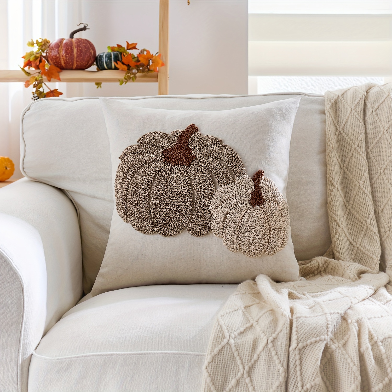 Image of 1pc, Thanksgiving Linen Pillowcase, Harvest Pumpkin Throw Pillow Covers, Single Side Loop Pile Embroidery, 17.7 X 17.7 Inches, Suitable For Sofa, Living Room, Bedroom Home Decoration, No Pillow Core