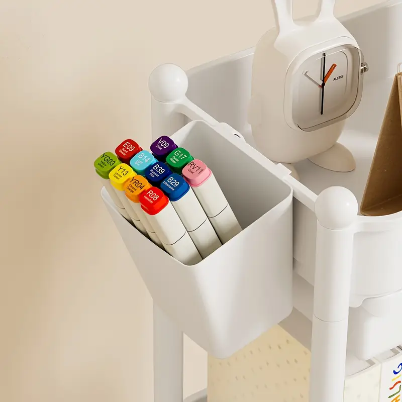 3-tier rolling bookshelf with 2 pen holders, supply organizer, assembly multi-functional storage rack for home or classroom, white, versatile shelving unit, , quality materials Product details 6