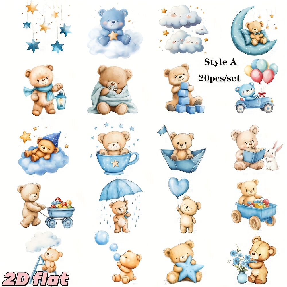 TEMU 20pcs/set Retro Cartoon Cute Blue Teddy Bear Reading And Playing Series Handmade Sticker Decoration 2d Flat