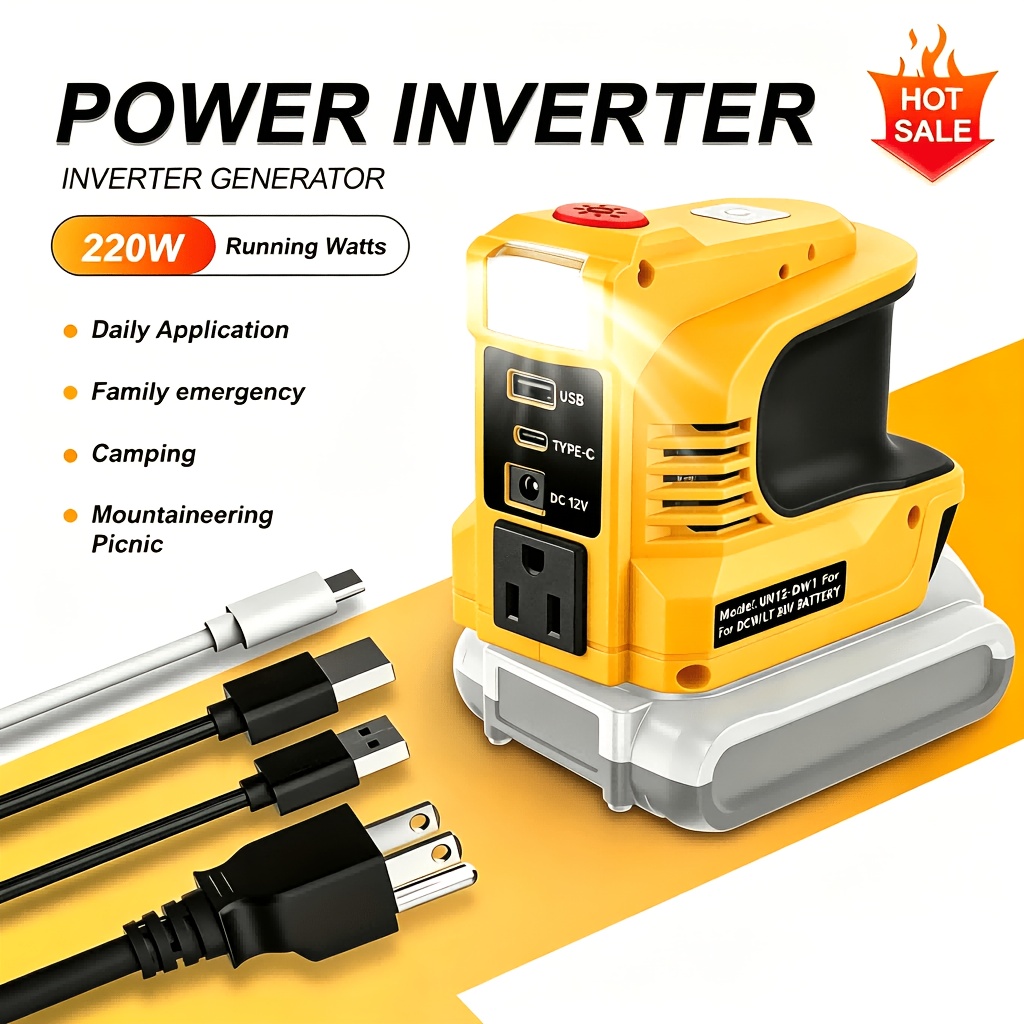 TEMU [portable Camping Emergency] 220w Power Inverter For 20v , 20v To Ac 110v Portable Power Station With Ac Outlet, Usb-a, Type-c & 12v Port, Travel Outdoor Backup Power Supply, Battery Not Included