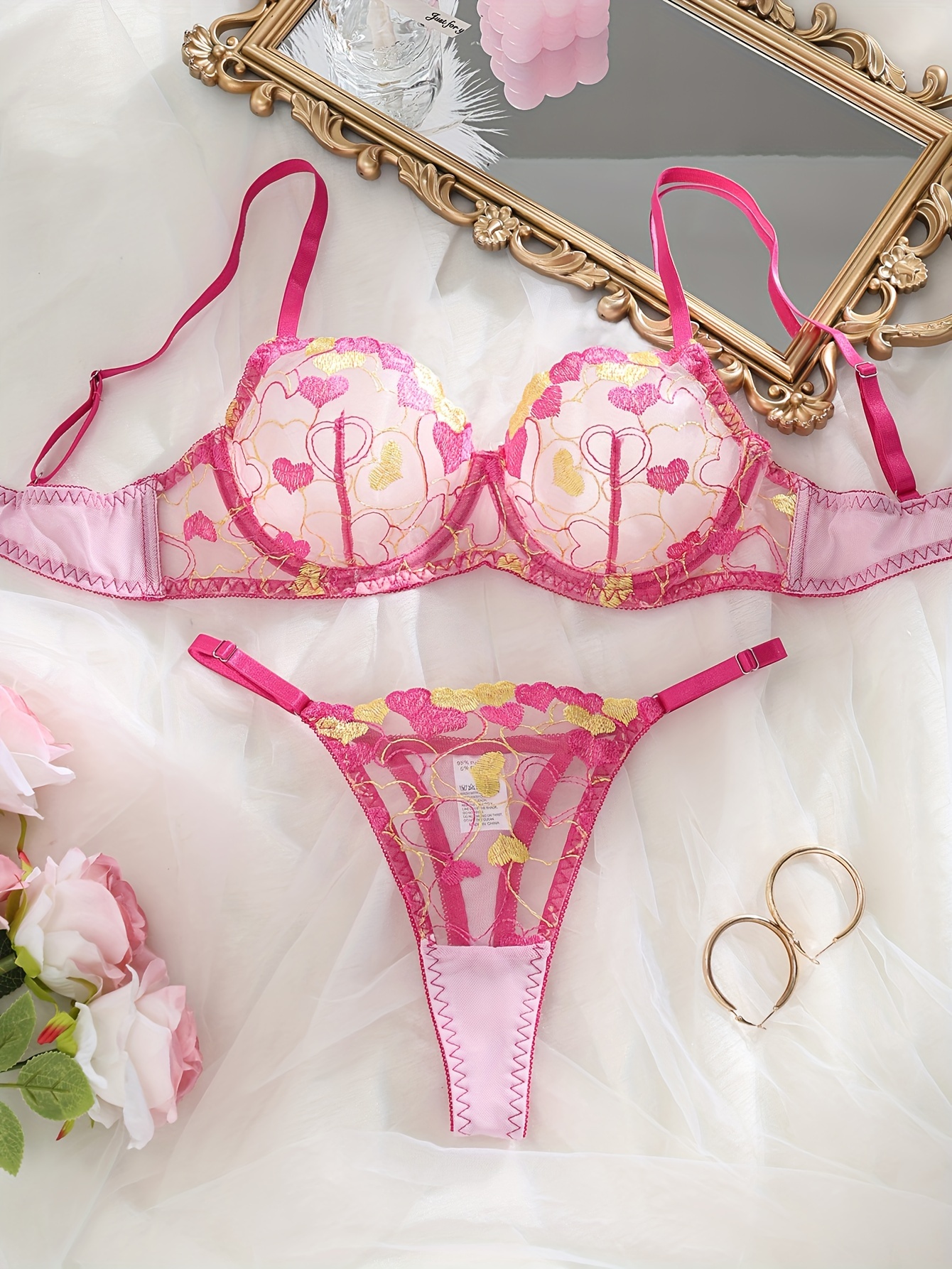 Heart Embroidery Lingerie Set Mesh Unlined Bra Strappy Thong - Temu Slovenia